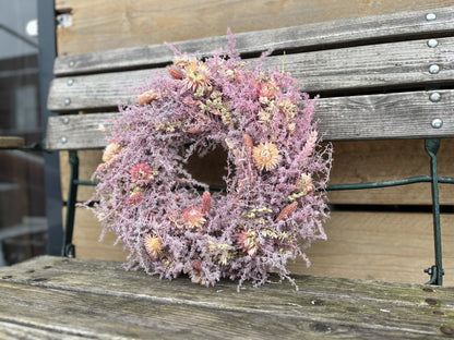 Frühlingskranz Wandkranz 38 cm Türkranz, Rosa Asparagus-Kranz mit Strohblumen